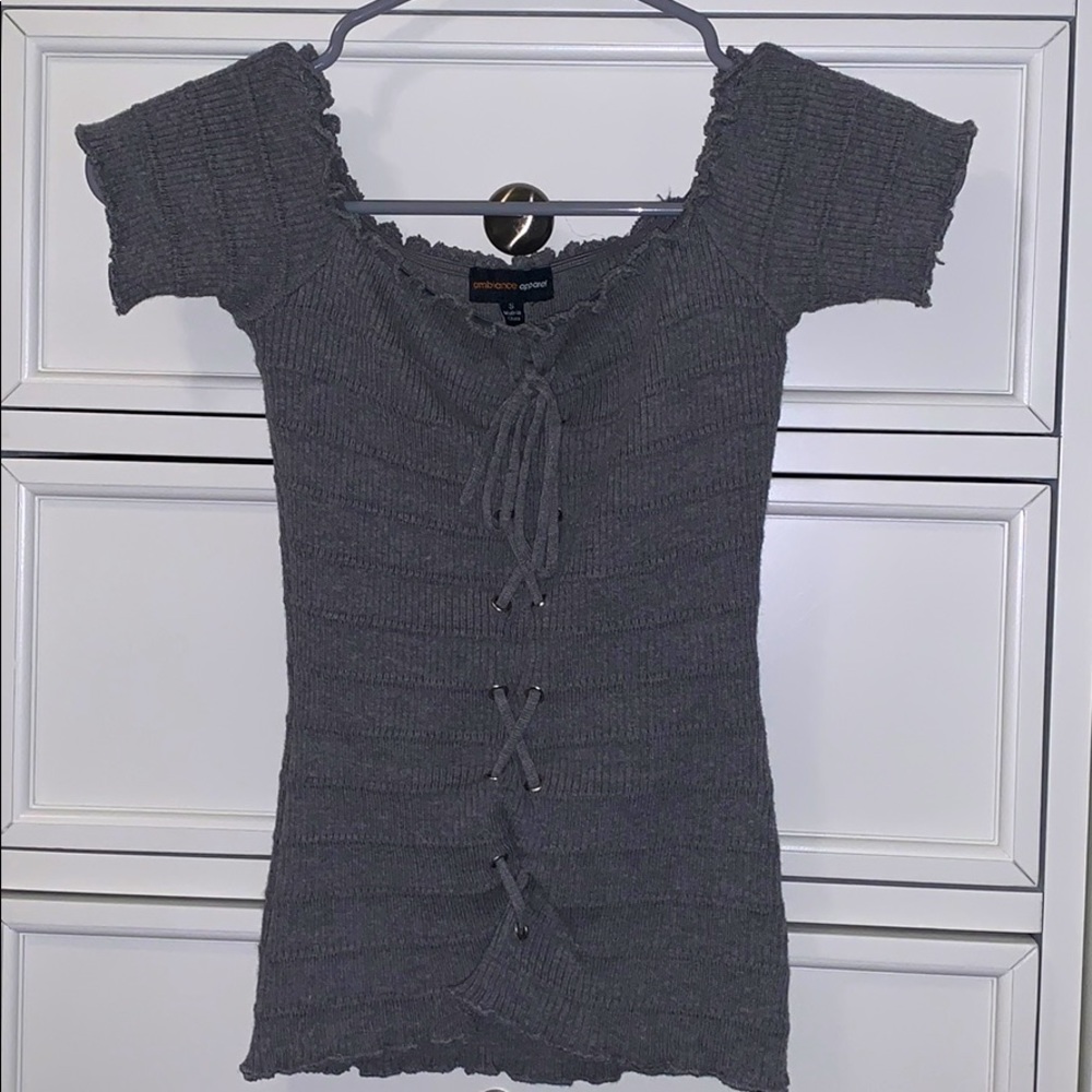 Rue21 gray frilly lace-up top size small